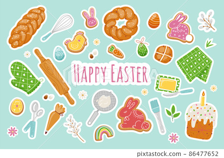 Colorful easter pastries stickers,traditional food,colored eggs.Vector flat Colorful easter pastries stickers,traditional food,colored eggs.Vector flat 86477652