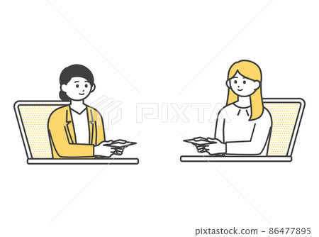 Image illustration material of female employees exchanging business cards online 86477895