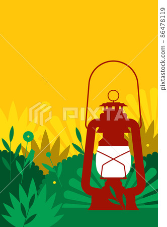 Summer camping poster. Vibrant colorful background with bushes, plant, vintage lantern. Copy space for title. Backdrop for banner, poster, card. 86478119