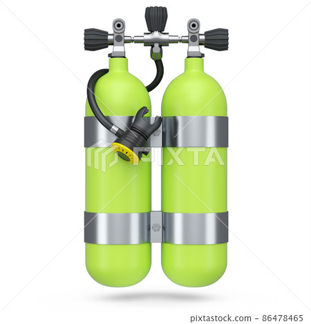 Green diving tanks or balloons full oxygen for snorkeling isolated on a white background. 3d render of scuba diving and sport equipment for summer holidays Green diving tanks or balloons full oxygen for snorkeling isolated on a white background. 3d render of scuba diving and sport equipment for summer holidays 86478465