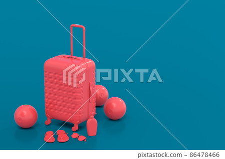 Colorful suitcase or baggage with beach accessories on blue background. 3D render of summer vacation concept and holidays Colorful suitcase or baggage with beach accessories on blue background. 3D render of summer vacation concept and holidays 86478466