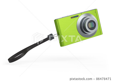 Stylish green compact pocket digital camera isolated on white background. 3D rendered concept of vacation travel destination 86478471