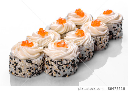 Traditional delicious fresh sushi roll set on a white background 86478516