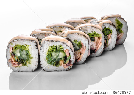 Traditional delicious fresh sushi roll set on a white background 86478527