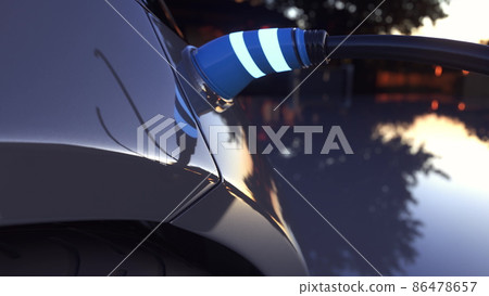 Electric car charging. Electric vehicle charging port plugging in car. 3d rendering Electric car charging. Electric vehicle charging port plugging in car. 3d rendering 86478657