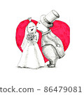 Graphic wedding drawing of two lovers on a red heart background 86479081