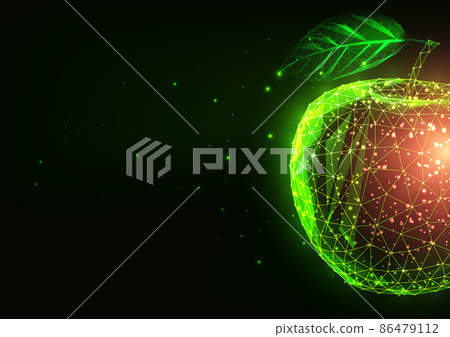 Abstract glowing low polygonal red and green apple isolated on dark green 86479112