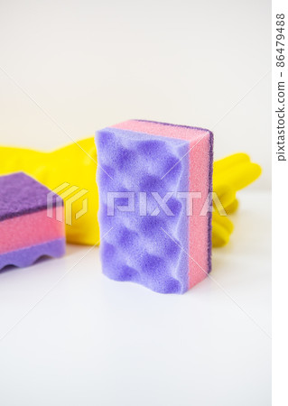 Preparation for cleaning the house, washcloths, rubber gloves. Cleanliness and cleaning concept. 86479488
