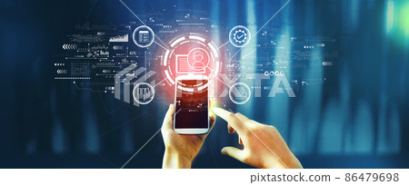Document management system concept with person using smartphone Document management system concept with person using smartphone 86479698
