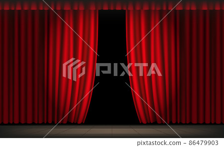 Red theatrical luxury curtains and draperies in the dark, realistic vector illustration 86479903