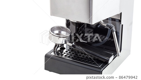steel professional single group coffee machine with empty portafilter on tray and milk steamer, espresso technique close-up isolated on white background. 86479942