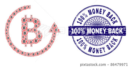 Bitcoin Refund Recursion Collage of Bitcoin Refund Icons and Distress 100% Money Back Round Guilloche Seal 86479971