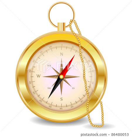 A golden compass with a wind rose on a gold chain. North, south, west, east, geography, coordinates, directions. 86480053
