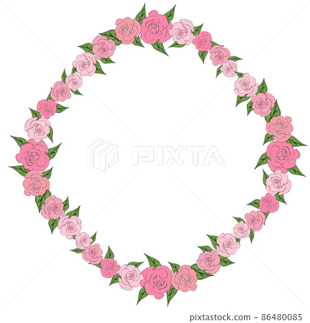 A round, uniform frame of roses with leaves of different sizes. Tenderness, wedding A round, uniform frame of roses with leaves of different sizes. Tenderness, wedding 86480085