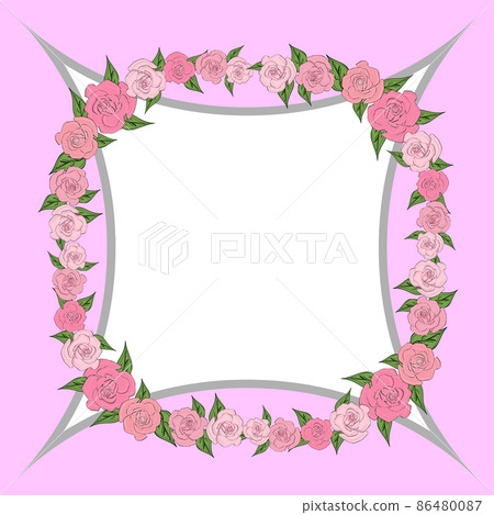 A quadrangular, concave frame decorated with a wreath of roses with leaves of different sizes with space for text. Tenderness, wedding 86480087