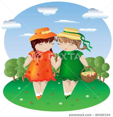 Two girls with pigtails in colored dresses and hats hold hands in a clearing dotted with flowers, behind a forest and sky with clouds 86480104