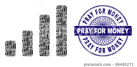 Bar Chart Recursive Collage of Bar Chart Items and Textured Pray for Money Round Guilloche Seal Stamp 86480271