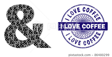 Ampersand Symbol Recursive Mosaic of Ampersand Symbol Icons and Textured I Love Coffee Round Guilloche Stamp 86480299
