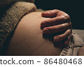 Pregnant woman touching her hand to her belly. 86480468