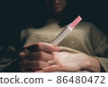 A woman sees a positive pregnancy test result. 86480472