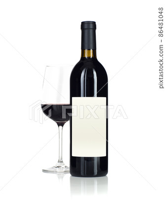 Wine Glass and Bottle with Blank Label Ready For Graphic and Text Isolated on White. Wine Glass and Bottle with Blank Label Ready For Graphic and Text Isolated on White. 86481048