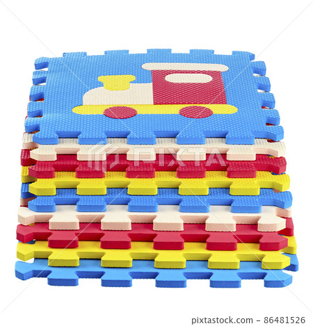 Fragments of a yoga mat made of polyurethane foam stacked, isolated on a white background, Concept: sports in everyday life. 86481526