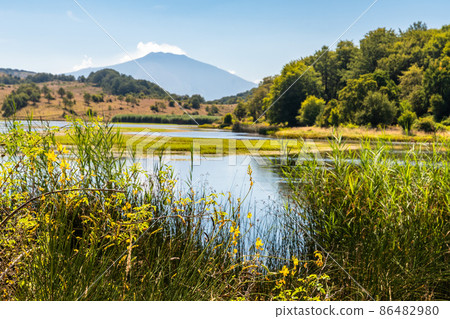View of Biviere lake with Etna volcano, Nebrodi National Park, Sicily, Italy 86482980
