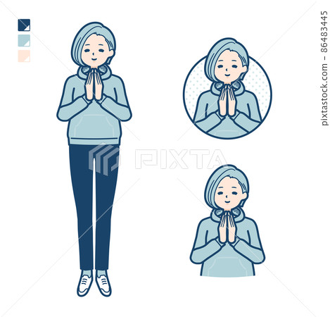 Illustration of a young woman wearing a hoodie holding hands Illustration of a young woman wearing a hoodie holding hands 86483445