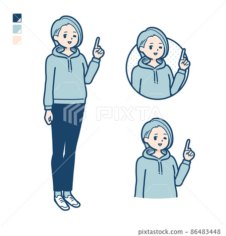 一位身穿連帽衫的年輕女子指著的插圖 一位身穿連帽衫的年輕女子指著的插圖 86483448