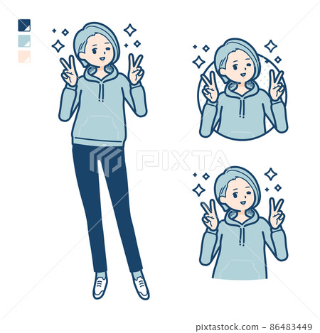 一名身穿連帽衫的年輕女子在做和平標誌的插圖 86483449
