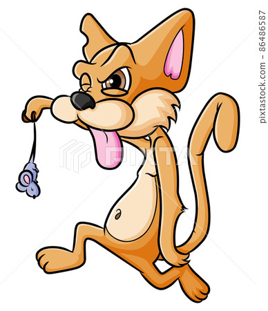The crazy and naughty cat is holding the small mouse  86486587