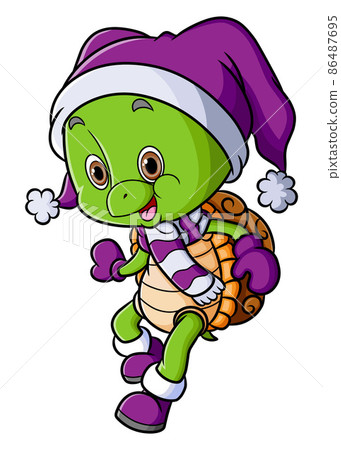 The happy turtle is walking with the winter costume The happy turtle is walking with the winter costume 86487695