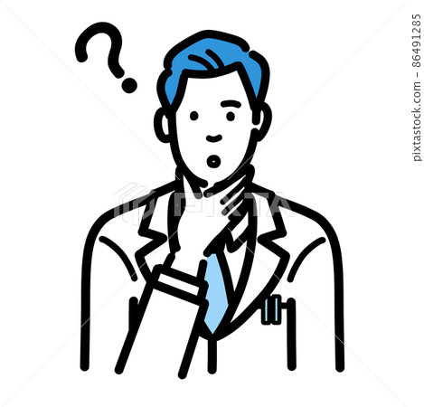 A young male doctor in a lab coat thinking with his hand on his chin A young male doctor in a lab coat thinking with his hand on his chin 86491285