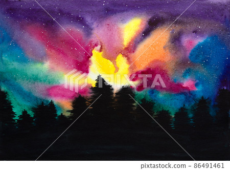 Watercolor picture of colorful and starry sky above dark forest at night time Watercolor picture of colorful and starry sky above dark forest at night time 86491461
