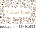 Vector frame, packaging design of nut and seed mix or snack. Walnut, peanut and sunflower seeds. Almond, pistachio, cashew, hazelnut and macadamia. Illustration in line art style 86491635