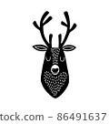 Deer head silhouette. Stylized drawing reindeer in simple scandi style. Nursery scandinavian art. Black and white vector illustration 86491637