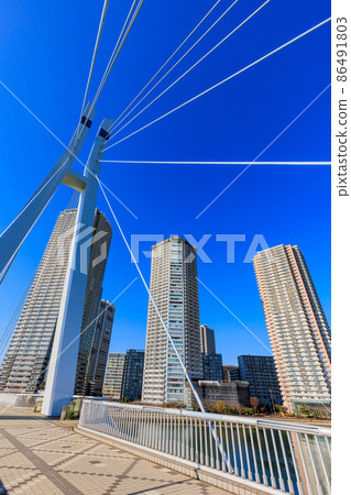 Shinonome,江東區,東京Tatsumisakurabashi和塔式公寓的都市風景 Shinonome,江東區,東京Tatsumisakurabashi和塔式公寓的都市風景 86491803