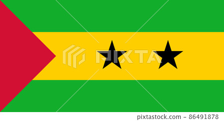 National Flag Democratic Republic Sao Tome and Principe, Saint Thomas and Prince, horizontal tricolour of green, yellow  with a red triangle hoist and two black five-pointed stars in the yellow stripe 86491878