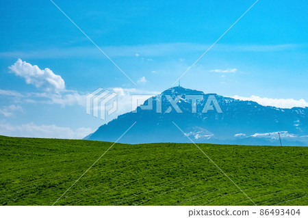 View from a green field towards mount Rigi, a famous mountain in Switzerland, Europe 86493404