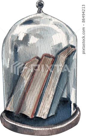 Vintage writer elements set with typewriter books coffee eyeglasses magnifier lamp notebook retro globe telephone isolated watercolor illustration 86494213