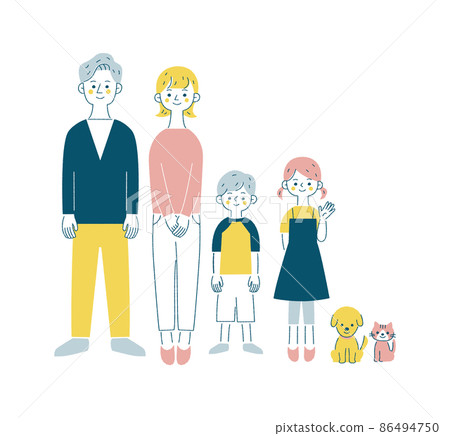Light color simple illustration of a family of four and a pet 86494750