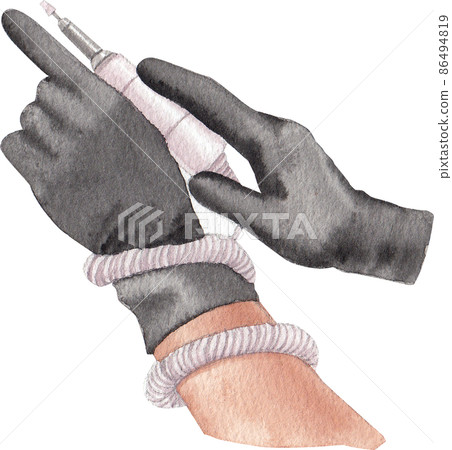 Nail salon supplies. Hand cream, polish samples, scissors, nails care elements watercolor. Equipment for hand and foot care and treatment Nail salon supplies. Hand cream, polish samples, scissors, nails care elements watercolor. Equipment for hand and foot care and treatment 86494819