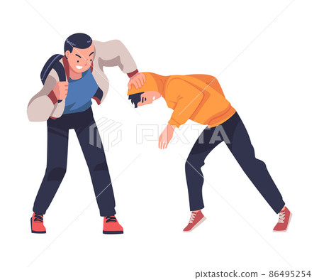 Aggressor and Victim with Violent Teenager Boy Abusing Weak Agemate Vector Illustration 86495254