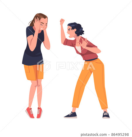 Aggressor and Victim with Violent Woman Shouting and Abusing Weak Agemate Vector Illustration 86495298