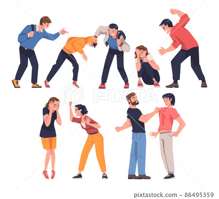 Aggressor and Victim with Violent Man Shouting and Abusing Weak Woman Vector Set 86495359