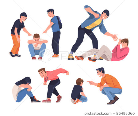 Aggressor and Victim with Violent Man Shouting and Abusing Weak Woman Vector Set 86495360