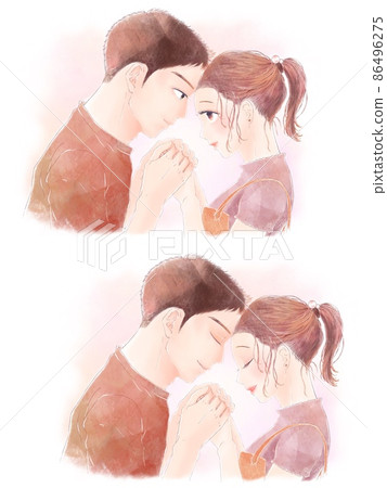 男女情侶手牽手，面對面/粉色背景套裝 86496275