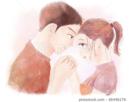 Male and female couples holding hands and facing each other / Open eyes & pink Male and female couples holding hands and facing each other / Open eyes & pink 86496276