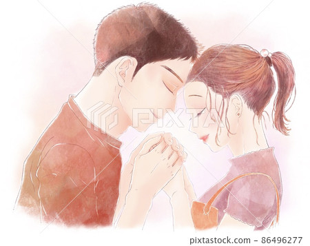 Male and female couples holding hands and facing each other / eyes closed & pink Male and female couples holding hands and facing each other / eyes closed & pink 86496277