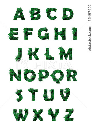 The English alphabet is complete, 26 letters highlighted on a white background. Stylized as a collage of a photo of a lupin flower leaf. Concept: graphic design, decorated font. 86497492